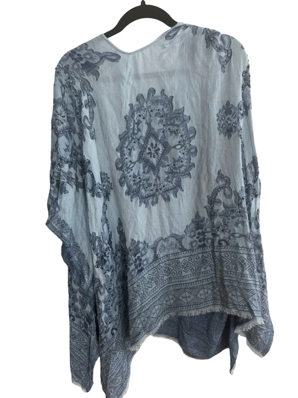 NWT Chico's Indigo Jacquard Ruana Beaded Open Poncho or Cover Up. OS